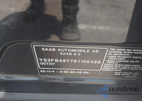 2008 Saab 9-3 2.0T z USA, uszkodzony, nr VIN YS3FB49Y781105458